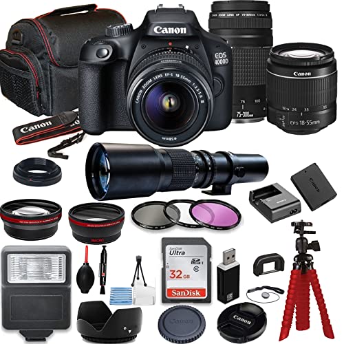 Canon EOS 4000D (Rebel T100) DSLR Camera Bundle with Canon EF-S 18-55mm f/3.5-5.6 Lens + Canon EF 75-300mm f/4-5.6 III Lens and 500mm Preset Lens + SanDisk 32GB Memory Cards + Photography Kit