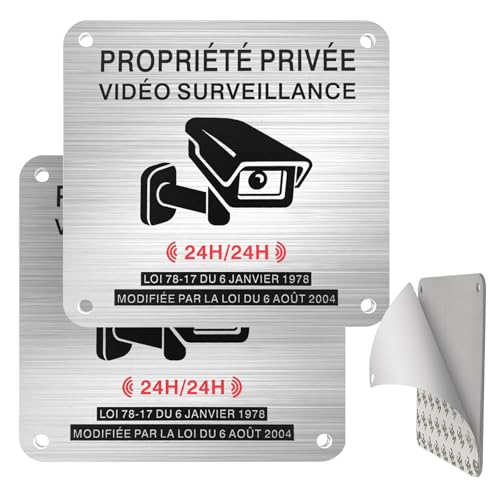 Upifen Panneau Camera Surveillance Aluminium Adhesif 15×15 cm, 2 Pièces, Propriété Privée sous Surveillance Vidéo, Trous Pré-percés