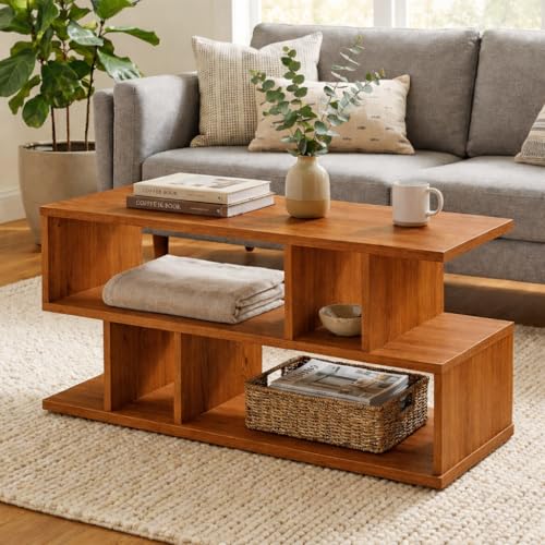 Image of FURLAY Zentro Woodland Coffee Table for Living Room, Modern Engineered Wood Center Table with Multi-Level Open Storage Shelves, 90 x 40 x 40 cm (FWCT2-Woodland)