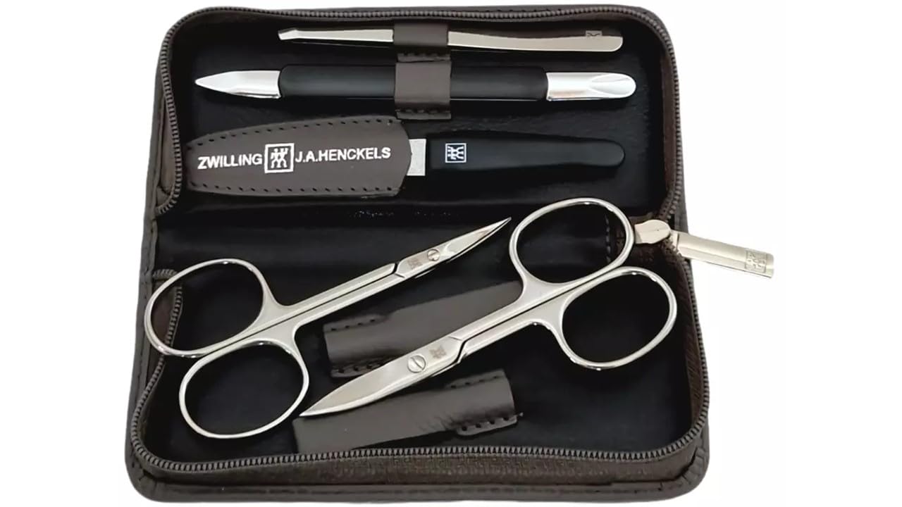 Zwilling – Maniküre Set 5-teilig - Manicure - Nagelschere - Pinzette - Nagelpflege - Reißverschluss-Etui - Leder-Etui - 13,8 x 6,5 x 2,5 cm - dunkelgrau