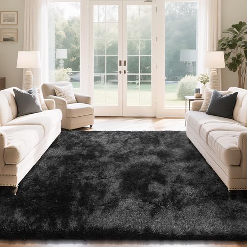 Fluffy Rug Shaggy Area Rug, Black 6x9 Area Rugs for Living Room, Large Shag Area Rugs for Bedroom Kids Room Home Decor, Upgrade Anti-Skid Rectangular Fuzzy Rugs
