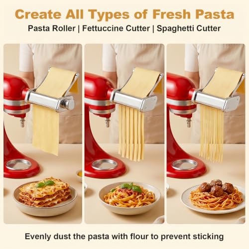 Image of Pasta Attachment for KitchenAid, 3Pcs Pasta Maker with Detachable Plate | Includes Adjustable Pasta Sheet Roller, Pasta Cutters for Spaghetti & Fettuccine by Focollk