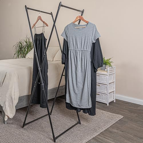 Image of Household Essentials Valet Folding Clothes Rack, Strong Metal X-Frame, Chic Design, Great for Guest and Dressing Rooms, Portable and Easy to Use, Folds Flat, Black