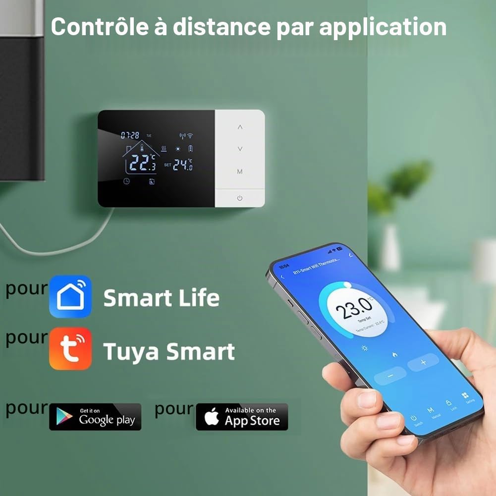 Thermostat WiFi chaudière à gaz 3 A, pour thermostat Tuya alimenté par batterie 2 fils WiFi, Thermostats d'ambiance programmable Quotidienne, pour Alexa et Google Home pour commande vocale