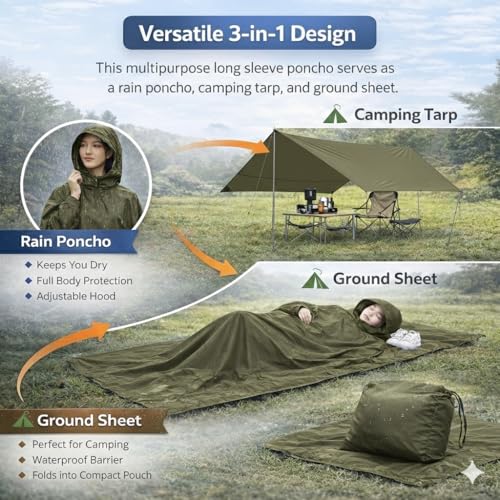 Image of ROCKSPORT Ultralite 3 in 1 Outdoor Hooded Rain Poncho for Adult Unisex, Riding Poncho & Full Cover Waterproof Design, Lightweight & Reusable, One Size Fits Most