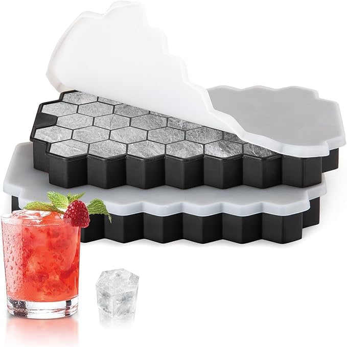 Eiswürfelform Silikon,Eiswürfelformen & Eiswürfelschalen,Eiswürfelbehälter mit Deckel,Eiswürfeln Kugel,Eiskugelform,Silikonform Eiswürfel Form,Ice Cube Tray with Lid (Schwarz) (37 Eckige * 2)