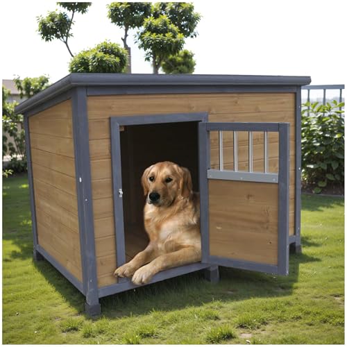 45 Outdoor Dog Houses with Door Dog Houses Outdoor with Door Lock Casa para Perros Grandes for Small to Large Dogs Indoor Easy Assembly (Gray+Yellow)