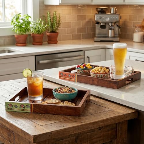 Image of AAKRITI ART CREATIONS Trays with Floral Art Handcrafted in Rosewood Set of 2 | Natural Brown Wooden Trays & Platters with Handle | Matte Finish Home | Trays for Dining Table & Kitchen Organizer