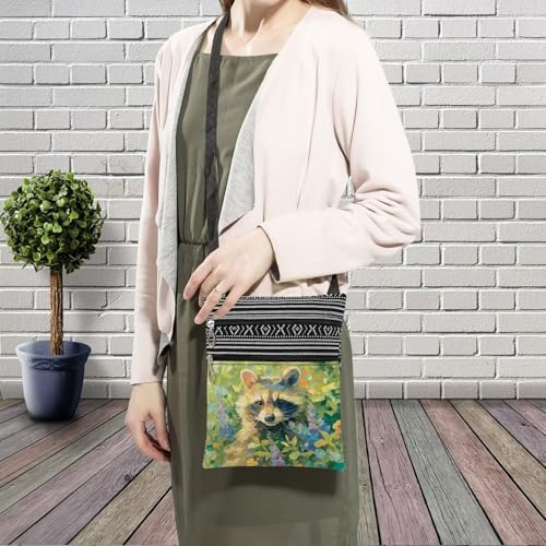 Floral Raccoon Messenger Bag Small Ethnic Pattern Printed Adjustable Strap Crossbody Zipper Bag Floral Raccoon Phone Bag Wallet Cute Shoulder Handbag for Women Friends -13