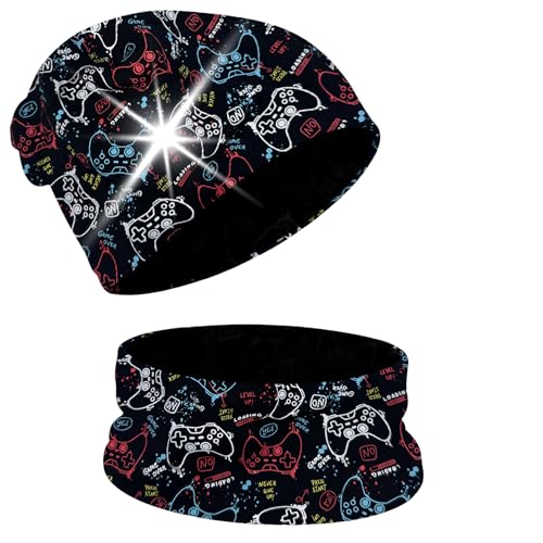 HECKBO Reflektor Kinder Mütze & Loop Schal Set Gaming 95% Baumwolle Jersey weiches & pflegeleichtes Stretch-Material Übergangszeit Größe 4854 cm