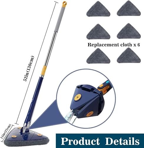 360° Rotatable Adjustable Cleaning Mop, Triangular Cleaning Mop Telescopic Scrubber Brush For Hardwood Windows Floor Wall Tile Triangle Mop Set With 6Pcs Cloth (Blue Mop) #TOP6