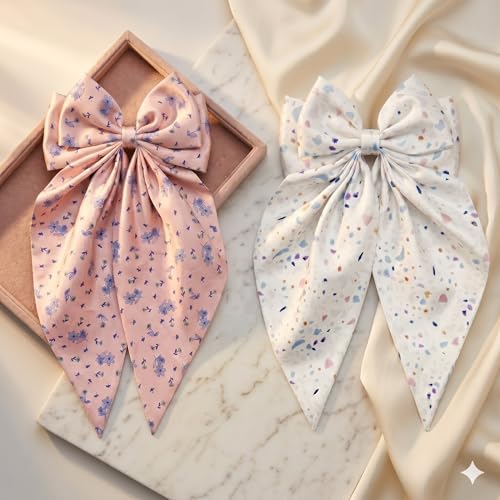 Image of Radhu & Kabby Printed Hair Bow Clip for Women | Cute Long Tail Fabric Bow Ponytail Holder | Stylish Everyday Casual Fashion Accessory | Pack of 1