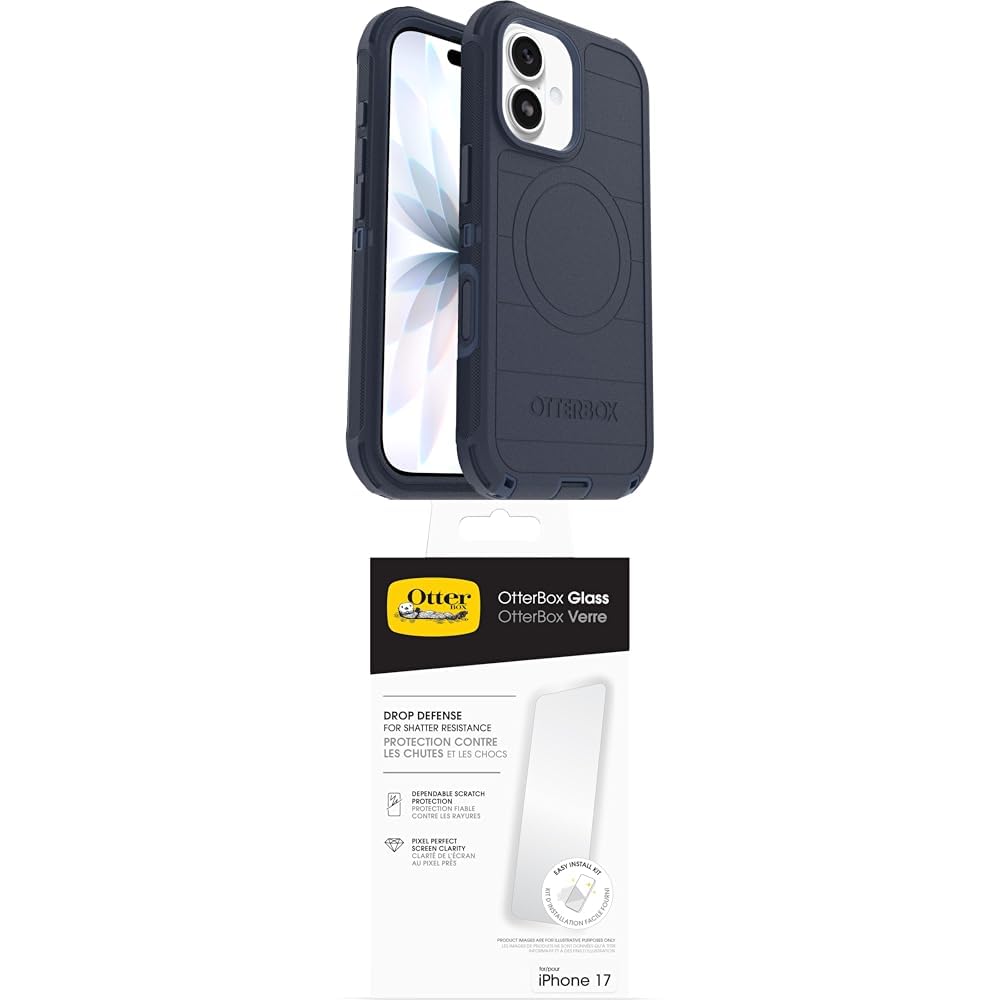 OtterBox Defender Series Pro MagSafe funda para iPhone 17, Testada 7x con estándares Militares anticaídas, Azul + OtterBox Glass Protector de Pantalla de Cristal Templado para iPhone 17