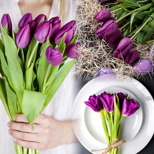Image of Sggvecsy 15 Pcs Fake Tulips Artificial Flowers Real Touch PU Faux Flowers Tulip Stems for Wedding Spring Bouquet Floral Arrangement Home Party Office Decorations for Mother's Day (Purple)