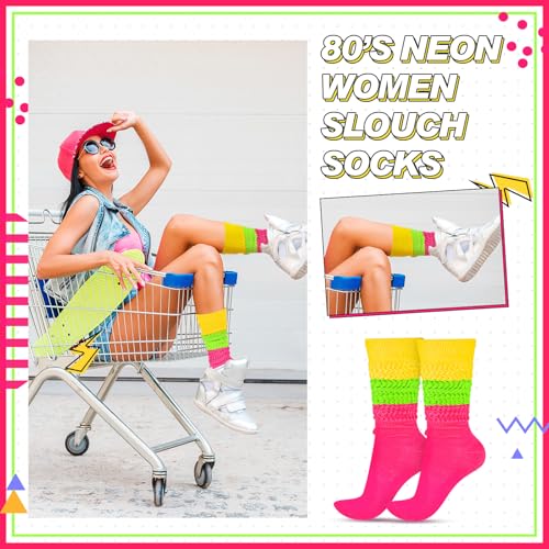 Neon Slouch Socks,80s 90s Neon Women's Leg Warmers Extra Long Slouch Socks Soft Scrunch Knee High Sock for Neon Party(Rose, Neon Green, Neon Yellow)2