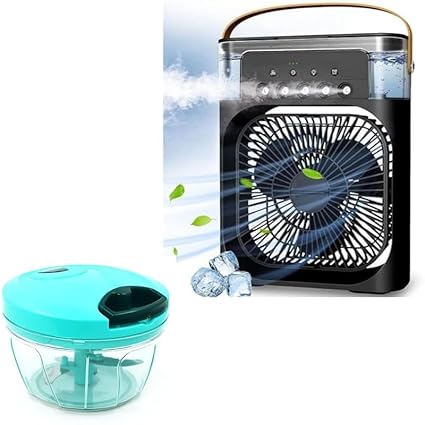 Raptas Combo C120 - Portable Air Cooler Fan with LED Lighting 4-in-1 Functionality for Cooling & Mini Handy And Compact Chopper With 3 Blades