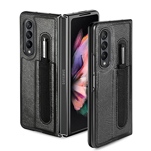 Étui en cuir pour Samsung Galaxy Z Fold 4 et 3 avec porte-stylo intégré noir