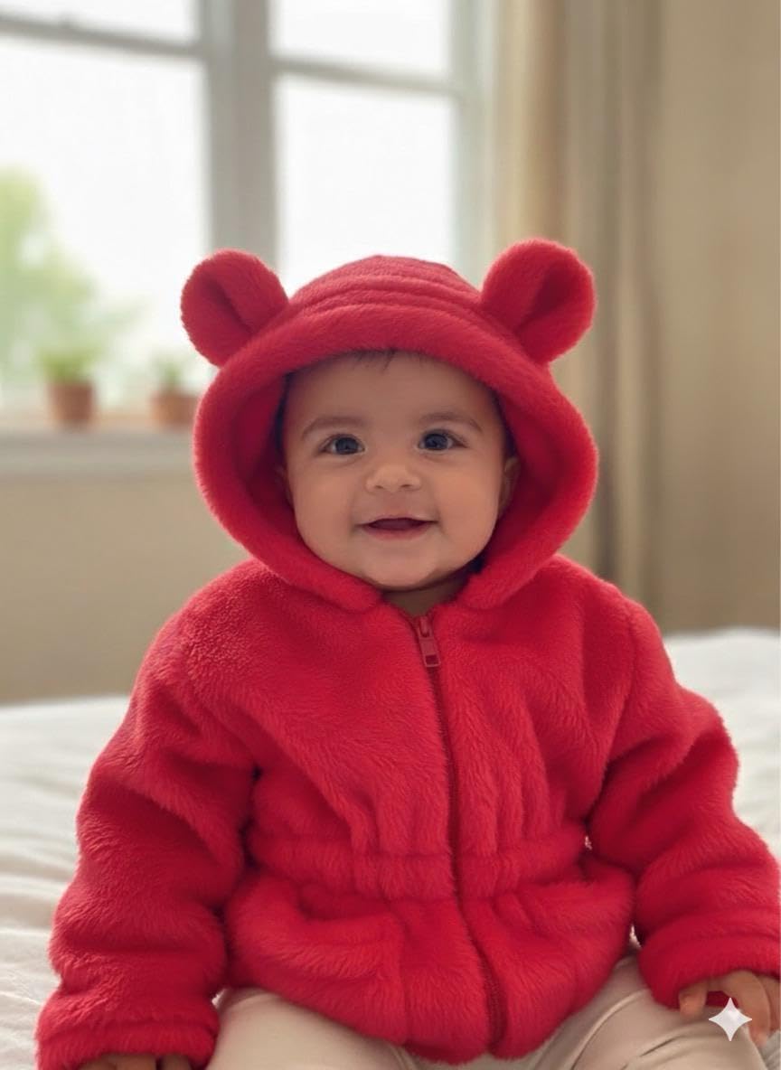 Schsteindar Kids Fleece Hoodie Jacket with Bear Ears,Soft Plush Material, Zip-Up Front, Elastic Waist Design for Baby Boys Girls (IN, Age, 3 Years, 4 Years, Regular, Red) 1