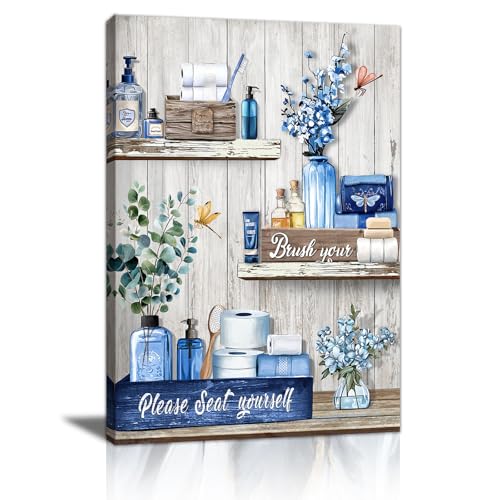 Baño Rústico Azul Marco de Madera Cuadros, Vintage Por favor Asiento Usted mismo Cartel Cuadros Decoracion Salon Pintura Lienzos Decorativos Para Pared Comedor Dormitorio Listo para colgar 30x40cm