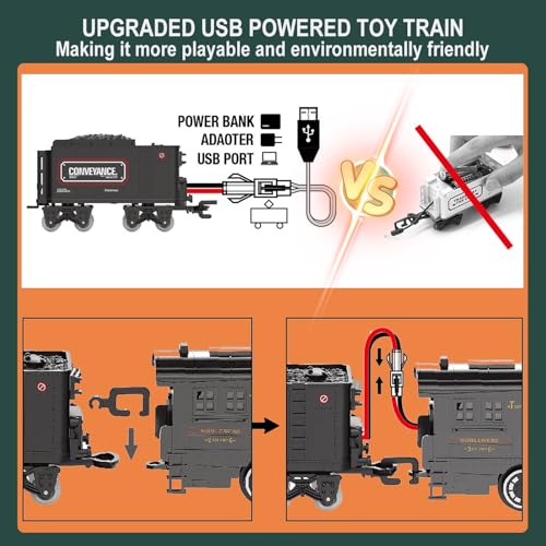 Image of Electric Train Sets for Kids Metal Alloy Christmas Train Toys Steam Locomotive, Glowing Passenger Carriages, Luxury Tracks, Light & Sounds Rechargeable Birthday Gifts for Boys Girls Red Green