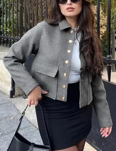 Wyeysyt Women's Wool Coats Lapel Cropped Bomber Jacket Button Down Casual Varsity Jacket with Pockets 20242