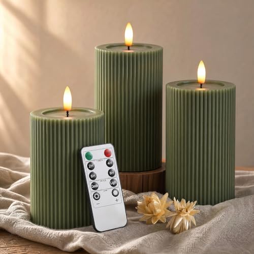 WYZworks Ribbed Fluted Real Wax Flameless LED Pillar Candles Loden Sage Olive Green Melted-Wax Top Look Flickering Flame Battery Operated Remote & Timer Shelf & Wedding Decor (Set of 3)