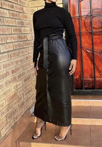 Ptorlio Womens Leather Maxi Skirt High Waisted Y2k Button Down Going Out Teacher Long Pencil Skirts with Slit3