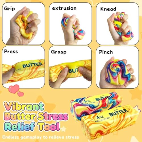 2 Pack Butter Squishy Fidget Toy, Realistic Butter Stick, Slow Rising Non-Stick TPR Squeeze Toy, Soft Sensory Desk Toy for Adults & Kids, Office Gift (Marbled Rainbow Colors) - image 2
