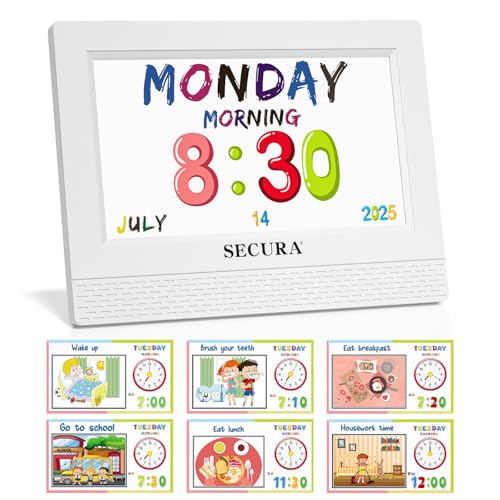 Secura TimeTact Reminder for Kids, 7' LED Talking Alarm Clock with Countdown Visual Timer, 17 Daily Reminders & 5 Custom Alarms Habit Reminder and Scheduler (White)