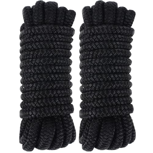 Dock Lines 20' x 1/2" Double Braided Marine Mooring Ropes 2 Pack, Dock Rope 9 Colors Boat Ropes for Docking with 12'' Eyelet Premium Dock Lines for Boats - Black