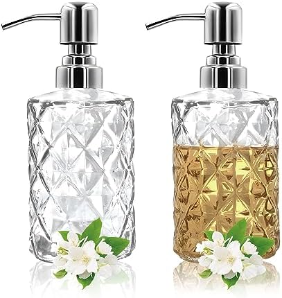 Glass Soap Dispenser - 2 Pack 12 Oz Clear Glass Liquid Hand Soap Dispenser with 304 Stainless Steel Pump, Refillable Dish Bottle Dispenser for Bathroom Kitchen