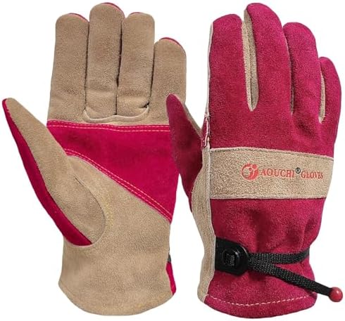 AOUCHI Damen-Lederhandschuhe für Gartenarbeit, Arbeit, Rindsleder, dornensichere Handschuhe Schweißhandschuhe mit Baumwollfutter zum Jäten, Beschneiden, Hofarbeiten, M