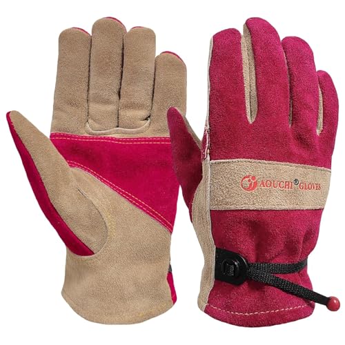 AOUCHI Damen-Lederhandschuhe für Gartenarbeit Arbeit Rindsleder dornensichere Handschuhe Schweißhandschuhe mit Baumwollfutter zum Jäten Beschneiden Hofarbeiten (klein)