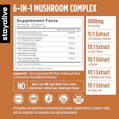 Image of STAY ALIVE Mushroom Complex 1000mg, 6-in-1 Mushroom Supplement w /Lions Mane, Reishi, Chaga, Cordyceps, Maitake and Turkey Tail Extract Powder, 120 Vegan Pills, Non-GMO & Gluten Free Herbal Capsules