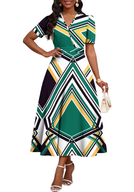 Image of MarryUP Women's Midi Dresses - V Neck Cocktail & Church Tea Dresses - Short Sleeve A-Line Swing Dress