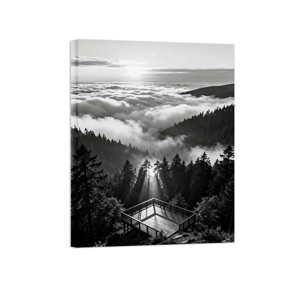 OZPWBVY Black and White Landscape Print Painting-Forest Clouds-Minimalist Canvas Wall Art Picture for Home Ready to Hang 24x31in 60x80cm Wrapped Canvas