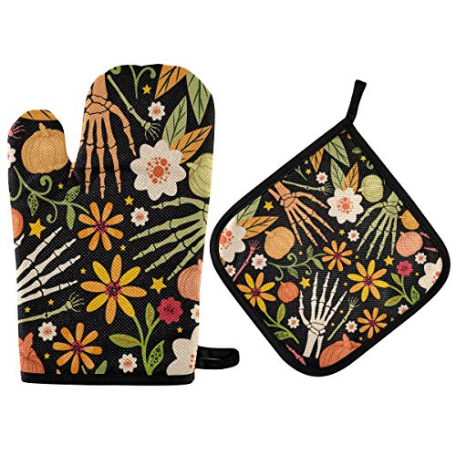 Halloween Skull Floral Oven Mitts & Pot Holders 2Pcs Decorative Day Of The Dead Kitchen Heat Resistant Non-Slip Potholders Set For Cooking Baking Bbq #TOP3