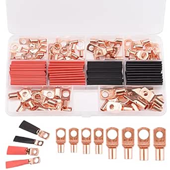 120pcs Copper Wire Terminal Connectors Kit, 4/6/8/10/12AWG, Including 60pcs Heavy Duty Wire Lugs and 60pcs Heat Shrink Tubing Battery Electrical Cable Ends