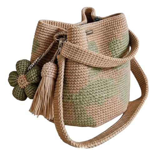 Sac fourre-tout tissé main bohème avec pompon et fleur vert plage