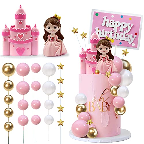 26Pcs Princess Cake Topper Castle Cake Topper Girl Princess Cake Topper Happy Birthday Cake Decoration For Girl Birthday Princess Party Supplies #TOP13