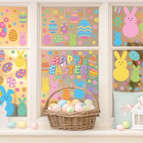 Image of 9 Sheets Easter Window Clings, 152PCS Double Sided Easter Party Clings for Glass Windows with Bunny Egg Flower, Reusable Happy Eggs Bunny Window Decals Stickers for Home Office Decorations