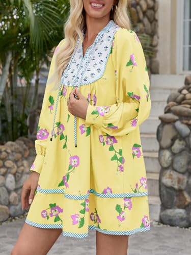 Image of Wenrine Womens Casual Floral Mini Dress Fall Long Sleeve V Neck Patchwork Loose Boho Shirt Dresses