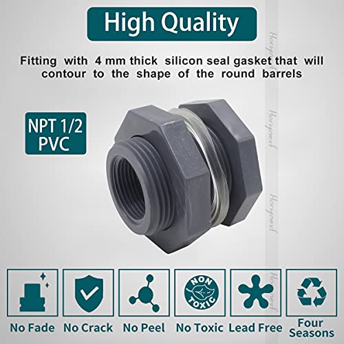 Horiznext NPT1/2 PVC Bulkhead Fitting, Plastic Pipe Connector for rain Barrel Garden Hose Adapter Spigot kit Water Tank Gallon Drain Bucket (pack of 4 pcs)