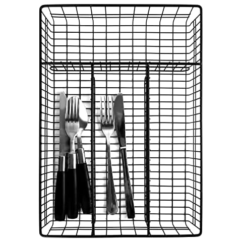 Kitchen Cutlery Drawer Organizer Cutlery Tray with 4 Compartments Black Metal Rectangular Design for Home and Restaurant (Style B) Cover