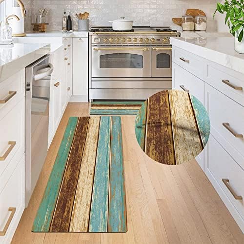 BrilliStar Kitchen Mat 2 PCS Teal Kitchen Rugs and Mats Wood Texture Abstract Art Cushioned Anti-Fatigue Kitchen Rugs 17.3"X47.3"+17.3"X29.5" Kitchen Decor Non-Slip Kitchen Rug Set for Kitchen Floor