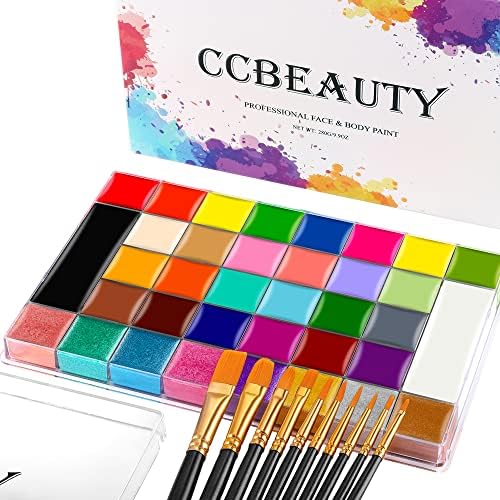 CCbeauty Professional 36 Colors Face Body Paint Kit, Largest Oil Based Non-Toxic Hypoallergenic Neon Face Painting Palette Set with 10 Brushes for Halloween SFX Special Effects Cosplay Costume Makeup
