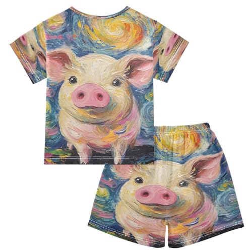 ALAZA Starry Sky Pig Van Gogh Pajamas Set Short Sleeve Cotton Sleepwear Summer Pjs 2 Piece 5-14Y2