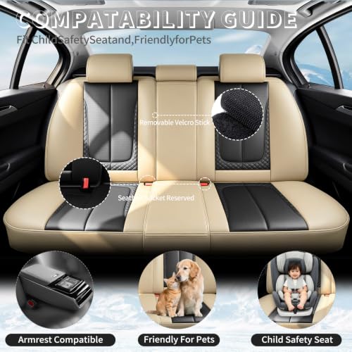 Image of Fit Sonata Car Seat Covers for Hyundai Sonata 2008-2025 2026 - Premium Breathable Leather,Airbag Compatible,Waterproof All-Weather Seat Cushion Protector, Full Set Beige&Black