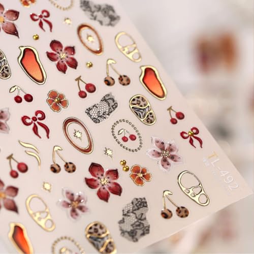 Image of Flower Nail Stickers for Nail Art Cherry Nail Decals Red Nail Art Stickers | 5D Self Adhesive Leopard Nail Stickers Lace Bow Gold Frame Design Nail Decal for Women Manicure DIY Decor Accessories 1 Sheet