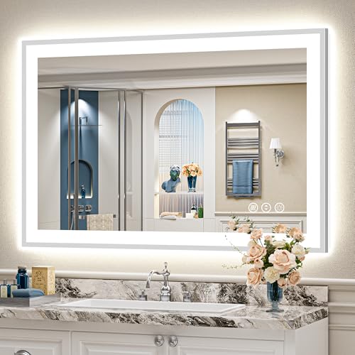 Image of 48x32 Brushed Nickel LED Bathroom Mirror with Lights, Backlit & Front-Lit, Anti-Fog, Framed Lighted Vanity Mirrors for Bathroom Wall, Dimmable, 3 Colors, Memory, Shatter-Proof, Tempered Glass